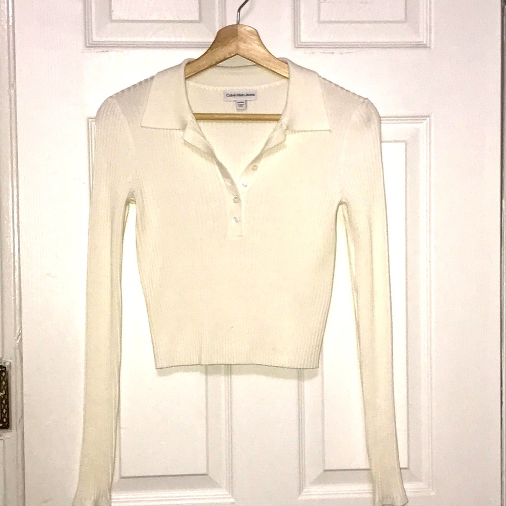 New White Calvin Klein Collared knit Crop Top